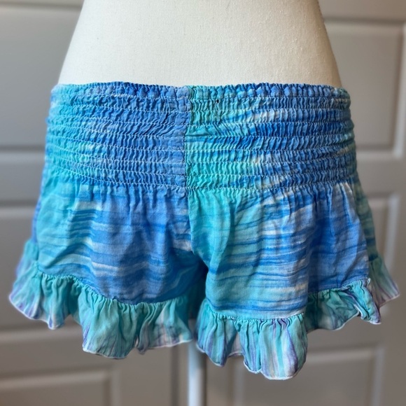 Buddha Sayulita Ruffle Tie Dye Shorts Smocked Waist Blue Turquoise Boho Beach OS - Picture 3 of 8